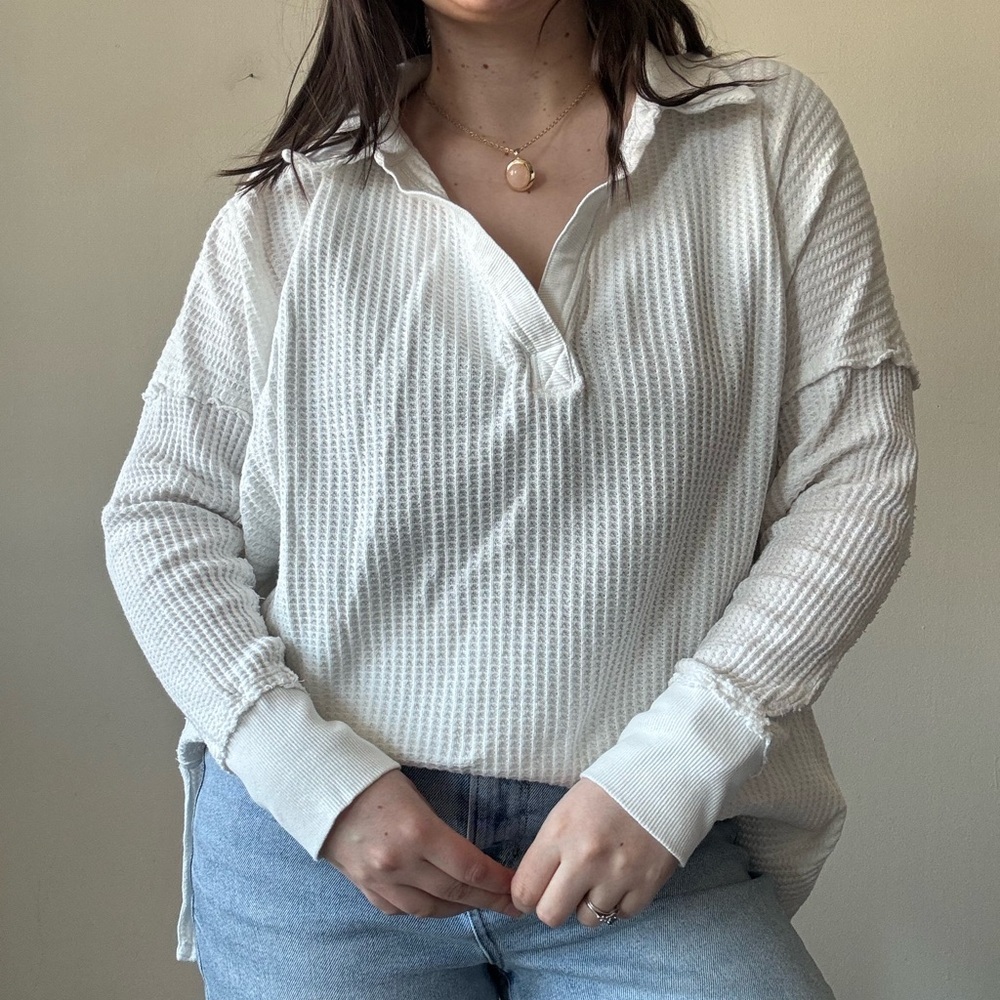 Free People Ivory Waffle-Knit Polo Long Sleeve